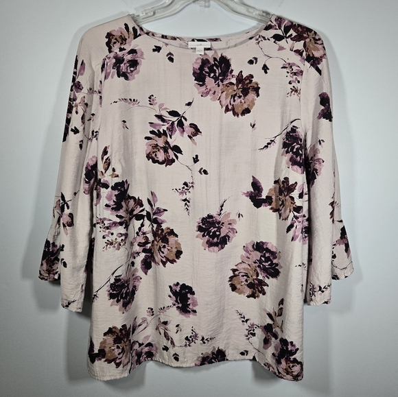 J. Jill Tops - J Jill Purple‎ Floral Print Blouse Flowy Top Size XL Three Quarter Length Sleeve